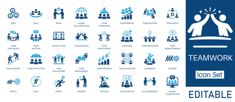 Teamwork and Business Collaboration solid icon set. Includes symbols for Team Building, Global Collaboration, Virtual Team, and Agile. Solid vector icons for leadership and synergy.