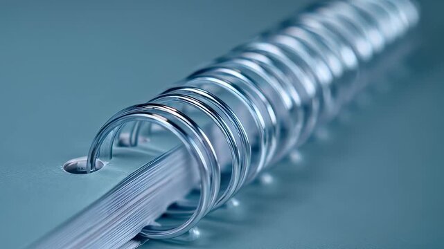 Closeup of a spiral coil binding with clear plastic cover main binding in sharp focus and blurred background highlighting the neat edge of pages.