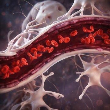 Red blood cells flowing through blood vessel with fibrin network medical concept
