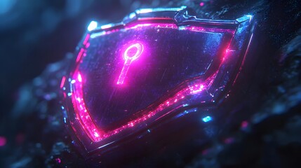 Glowing futuristic protection emblem illuminates a dark, textured surface