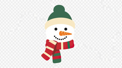 Cartoon snowman illustration, wearing a green cap, orange carrot nose and a red & green scarf