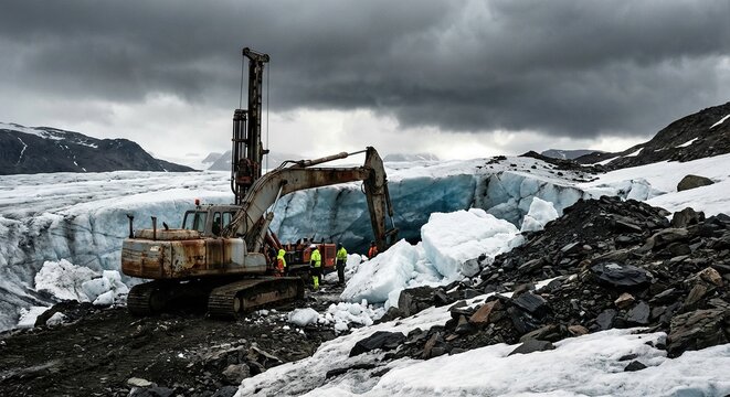 Heavy excavator machine digging on ice glacier during mining operation in Greenland