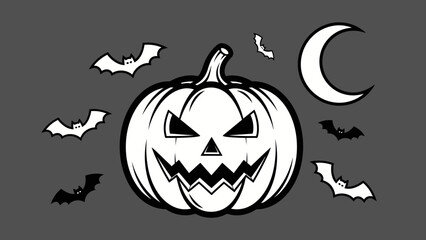 Spooky Halloween Jack-o-lantern Pumpkin with Flying Bats and Crescent Moon on Dark Grey Background