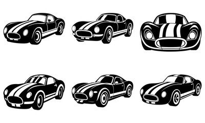 Fototapeta premium Six Classic Sports Cars with Racing Stripes in Black and White Silhouette classic car