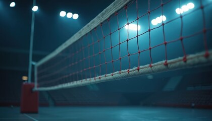 Empty volleyball court stadium at night. Bright spotlights illuminate the net above the polished floor. Arena waits for players and game action.
