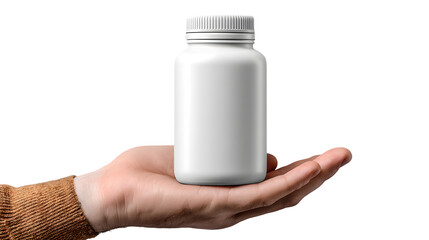 A hand presenting a blank transparent pill bottle mockup, isolated on transparent backgrounded