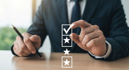 Businessperson selecting checkmark and star icons