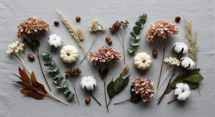 Autumn flat lay with dried hydrangeas, cotton, mini pumpkins, acorns, and eucalyptus on gray linen.