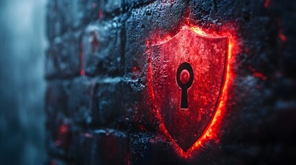 Illuminated protective emblem glows intensely upon a dark, textured surface.