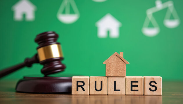 Judge gavel near wooden house and blocks spelling rules. Symbolizes property law, real estate justice, and home ownership regulations. Legal advice for buyers.