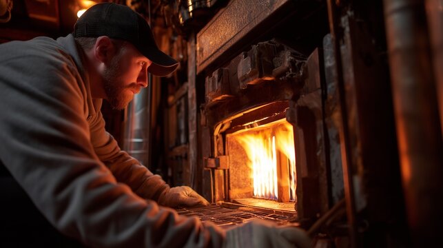 Technician tending a furnace firebox, symbolizing furnace care for heating efficiency and maintenance.