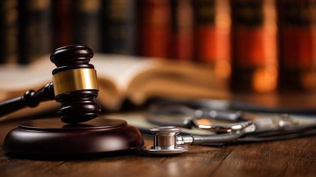 Gavel, stethoscope, law book on courtroom table symbolizing medical malpractice lawyer court proceeding.