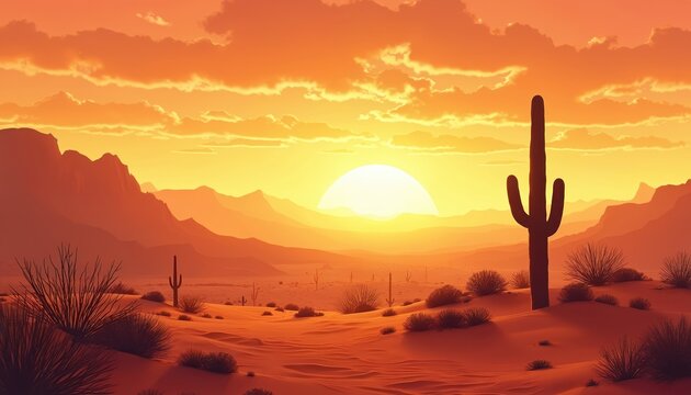 Desert landscape with saguaro cacti and mountains during vibrant orange sunset. Arid terrain features sandy dunes and sparse vegetation under glowing sky. Warm sun descends on desolate horizon.