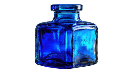 Close-up of a vibrant royal blue glass bottle neck with textured pattern and threaded opening, Evoking vintage charm, craftsmanship,  isolated on transparent backgrounded