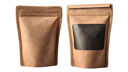 Brown kraft paper pouch featuring a white window for food packaging, isolated on transparent backgrounded