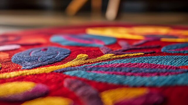 Closeup medium shot of a silk rug showcasing vibrant floral designs and a glossy finish with the surrounding scene gently out of focus to accentuate fine weaving details.