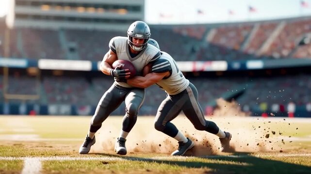Quarterback runs with ball across stadium during American football game. Linebacker makes tackle for ball. Dust rises on football field.