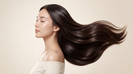 Fototapeta premium Beautiful Asian woman in profile with closed eyes, showcasing healthy, luxurious, long dark hair dramatically flowing in the wind. Commercial beauty and hair care photography.