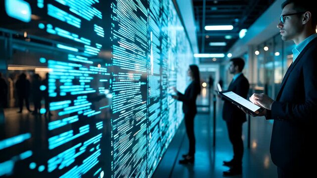Professionals Engaged with Digital Data Wall in Modern Office Space