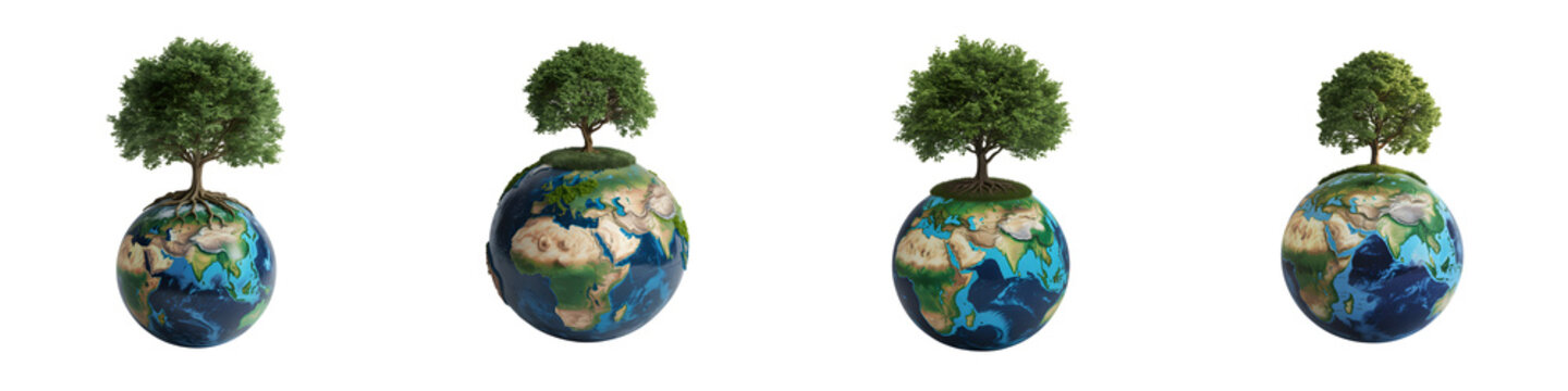 Four earth globes with green trees on top in a row isolated on transparent background