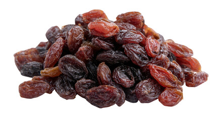 A delicious pile of healthy organic brown raisins isolated on a white background makes a tasty sweet snack and a natural dried fruit ingredient for nutrition