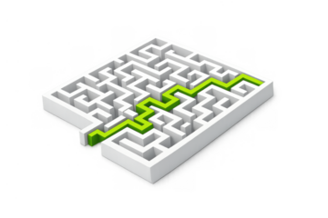 Maze with green line showing the correct solution, representing strategy, success, and overcoming challenges