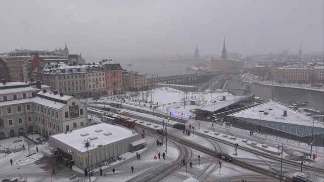 Stockholm, Sweden A view of the Slussen district in a winter snowstorm. 