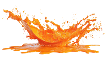 An artistic orange juice splash with liquid drops and watercolor texture creates a vibrant yellow paint splatter illustration on an isolated white backdrop with a brush stroke design