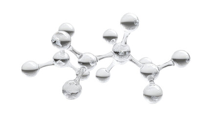 3d render of a chrome faucet with water drops isolated on white featuring a molecular structure of carbon and oxygen atoms to symbolize pharmaceutical chemistry and science