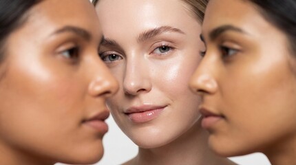 Fototapeta premium Diversity of Beauty: Extreme close-up of three multiracial women showcasing healthy, glowing, and natural skin complexion in a beauty and skincare studio shot