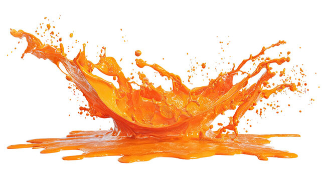 An artistic orange juice splash with liquid drops and watercolor texture creates a vibrant yellow paint splatter illustration on an isolated white backdrop with a brush stroke design