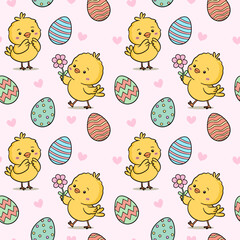 Cute Easter chick seamless pattern with baby chickens, pastel Easter eggs, hearts and spring flowers on soft pink background