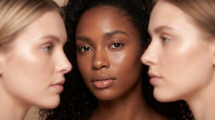 Obraz premium Striking close-up portrait highlighting diverse skin tones and natural beauty, featuring a confident Black woman centered between two fair-skinned models showcasing glowing, healthy skin texture.