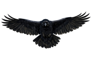 Obraz premium Black raven bird corvus corax flying with outstretched wings, isolated on transparent background, wildlife and nature concept