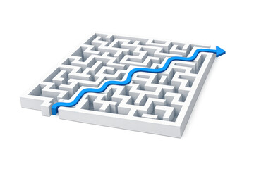 Maze with blue arrow showing the optimal path to success and problem solving, overcoming challenge for breakthrough solution