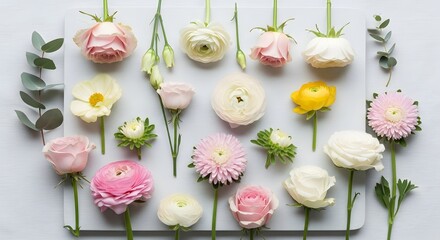 Variety of fresh pastel flowers and eucalyptus sprigs arranged on a white wooden board.