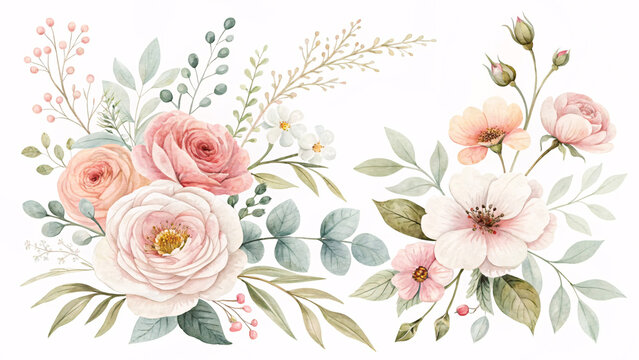 Watercolor Floral Bouquet Illustration with Soft Pink Roses and Greenery
