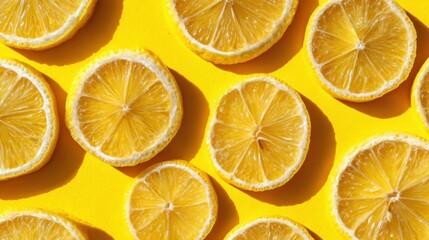 Fototapeta premium Fresh lemon slices on bright yellow background.