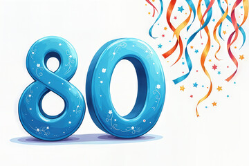 Greeting card for 80 years. Celebrating an 80th birthday with colorful streamers and confetti.