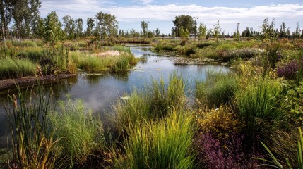 Obraz premium Human-made wetland restoration showcasing healthy biodiversity return