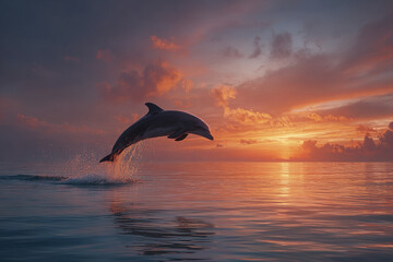 Dolphin jumping from sea at sunset with colorful sky and calm water creating peaceful and serene atmosphere in ocean horizon