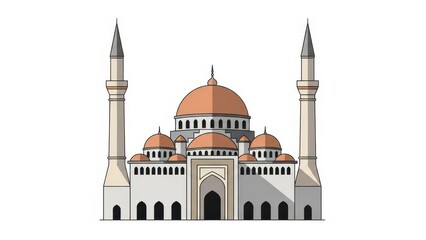 Stylized vector illustration of a grand mosque architecture featuring domes and minarets against a