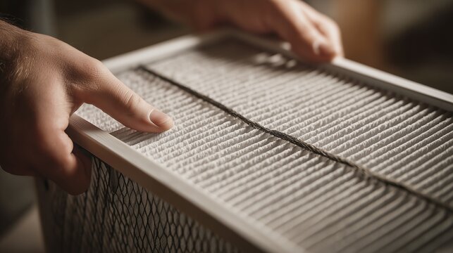 Hand inspecting pleated furnace air filter during hvac cleaning and maintenance.