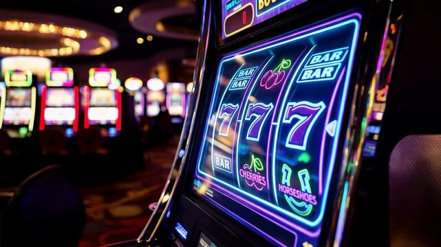 Slot machine reels close up with glowing lights gambling background copy space luck jackpot winning concept entertainment electronic gaming casino atmosphere