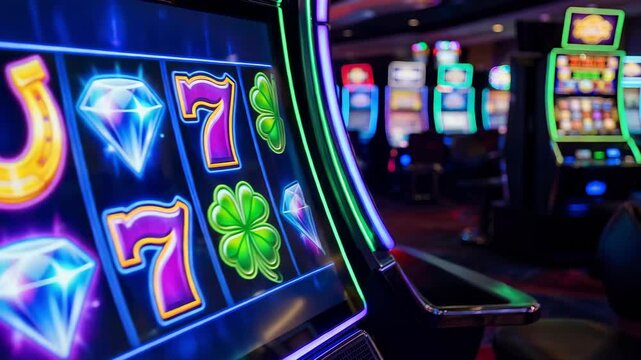 Slot machine reels close up with glowing lights gambling background copy space luck jackpot winning concept entertainment electronic gaming casino atmosphere