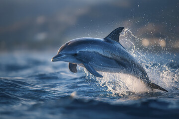 Fototapeta premium Dolphin jumping out of ocean water with splash during sunset, showing smooth skin and dynamic movement in natural marine environment with blue waves and soft light