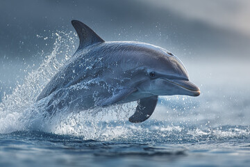 Fototapeta premium Dolphin jumping out of ocean water with splash in natural marine environment showing dynamic movement and lively expression