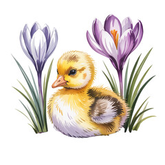 duckling with crocuses, watercolor