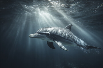 Fototapeta premium Single dolphin swims gracefully in moody underwater scene with soft light beams cutting through water, creating serene and peaceful atmosphere