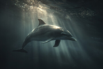 Fototapeta premium Single dolphin swimming underwater with soft light beams creating moody and serene ocean scene, highlighting smooth body and graceful movement of marine animal